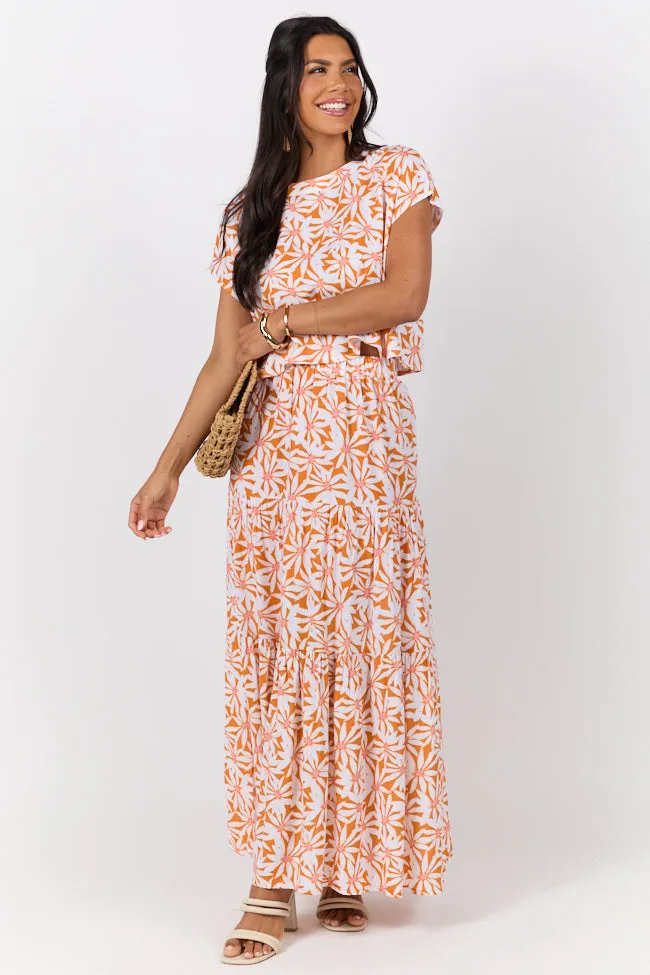 Dinner Downtown Orange Multi Floral Print Two Piece Skirt Set,Women Skirts Comfort