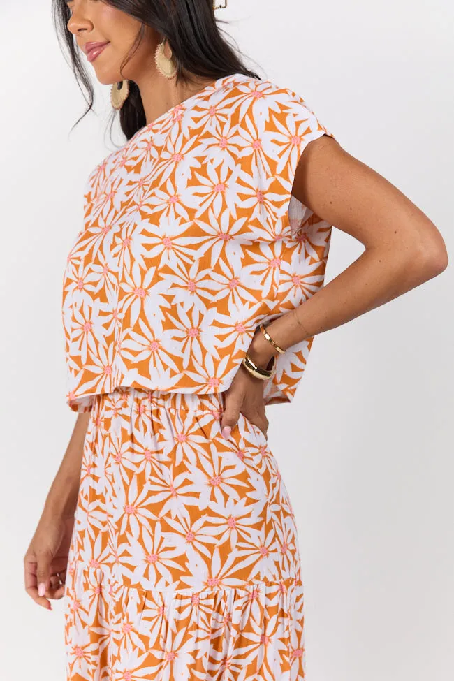 Dinner Downtown Orange Multi Floral Print Two Piece Skirt Set,Women Skirts Comfort