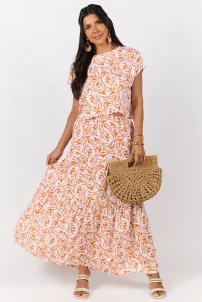 Dinner Downtown Orange Multi Floral Print Two Piece Skirt Set,Women Skirts Comfort