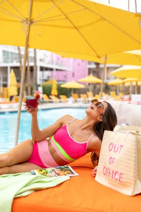 Do Not Disturb Pink and Green Color Block Bikini Top SALE,Swimwear