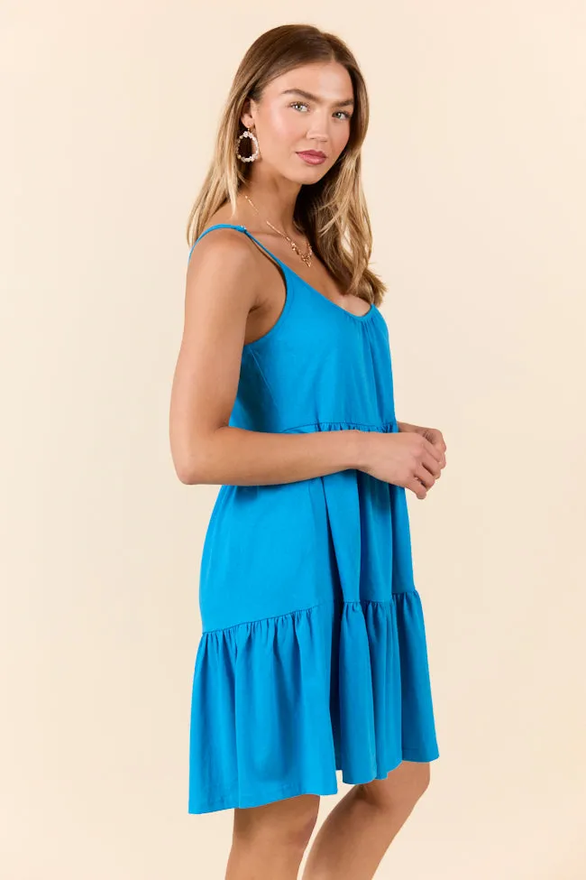 Dockside Drinks Blue Mini Tiered Knit Dress,Daily Outfit