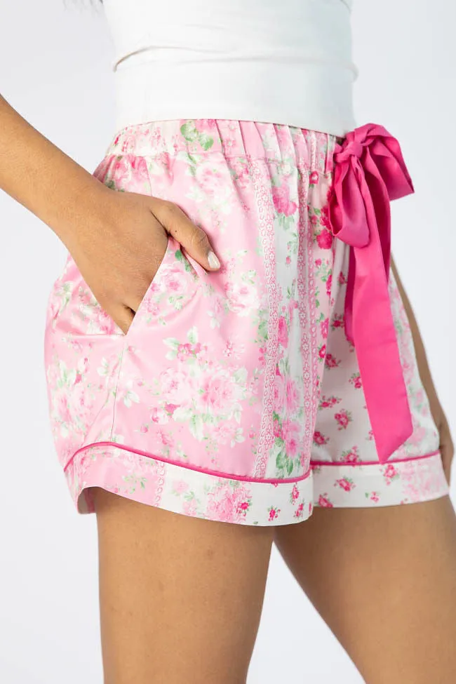 Don't Wake Me Up Pink Multi Floral Satin Pajama Shorts,Women Pants
