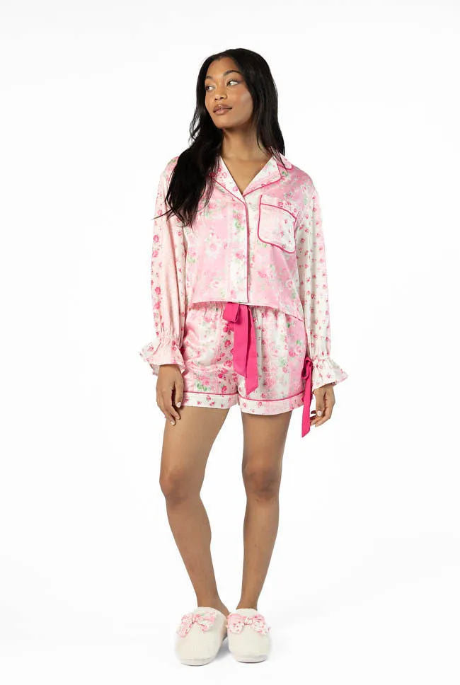 Don't Wake Me Up Pink Multi Floral Satin Pajama Shorts,Women Pants