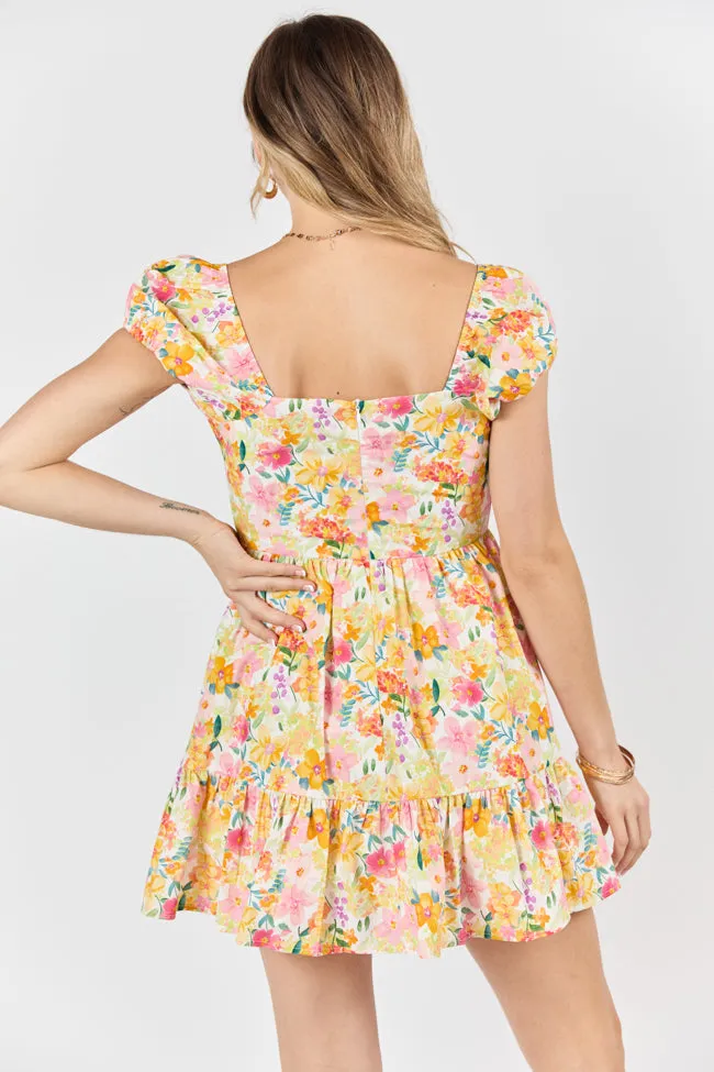 Dream Of Me Multi Floral Bubble Sleeve Mini Dress,Daily Outfit