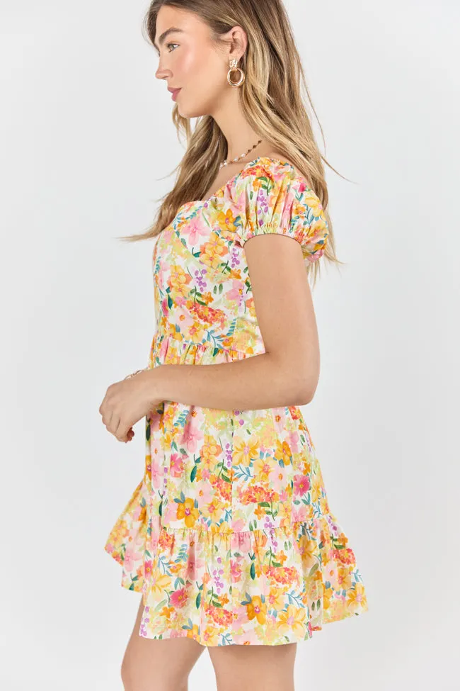 Dream Of Me Multi Floral Bubble Sleeve Mini Dress,Daily Outfit
