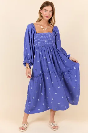 Dress To Impress Blue and Purple Smocked Flower Maxi Dress,Daily Outfit