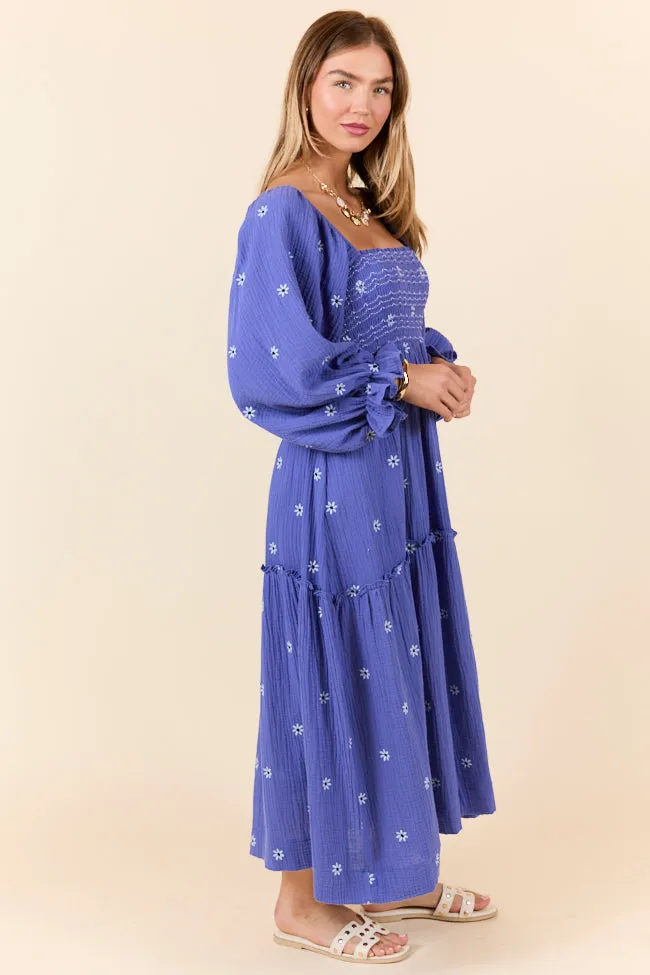 Dress To Impress Blue and Purple Smocked Flower Maxi Dress,Daily Outfit