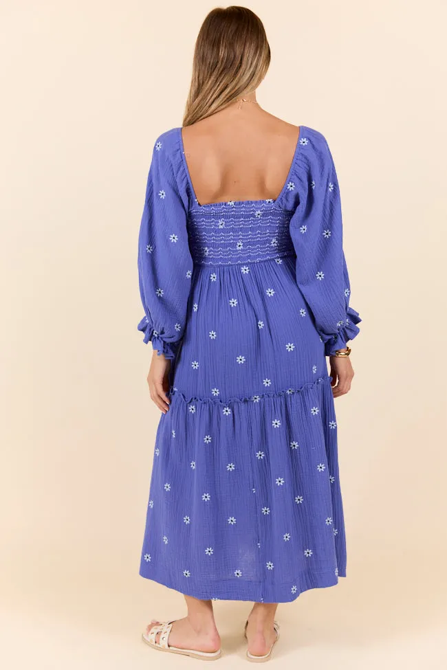 Dress To Impress Blue and Purple Smocked Flower Maxi Dress,Daily Outfit
