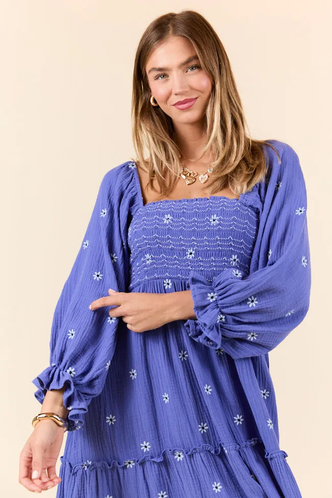 Dress To Impress Blue and Purple Smocked Flower Maxi Dress,Daily Outfit