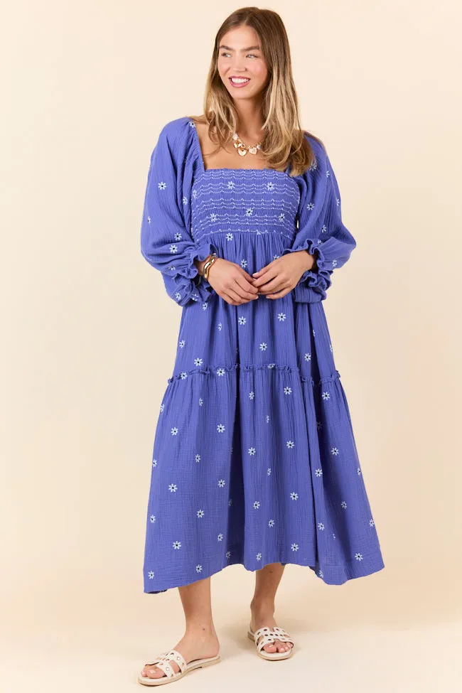 Dress To Impress Blue and Purple Smocked Flower Maxi Dress,Daily Outfit