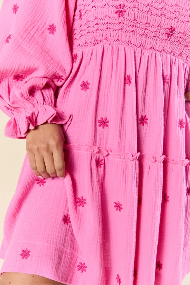 Dress To Impress Pink Smocked Flower Mini Dress,Daily Outfit