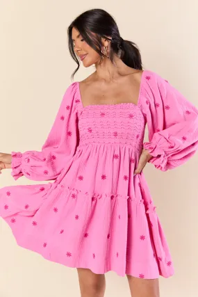 Dress To Impress Pink Smocked Flower Mini Dress,Daily Outfit