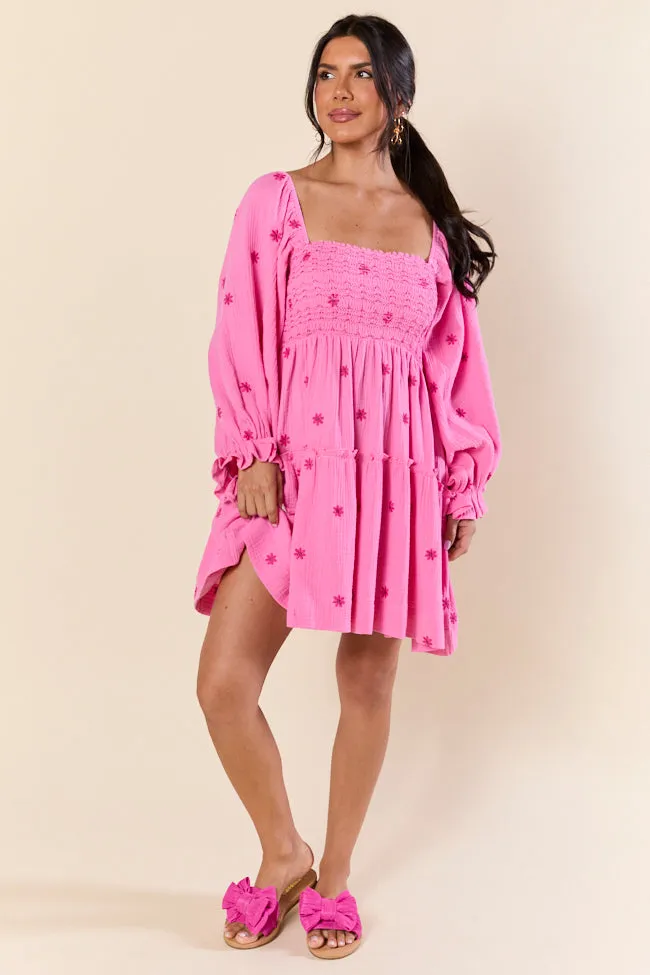 Dress To Impress Pink Smocked Flower Mini Dress,Daily Outfit