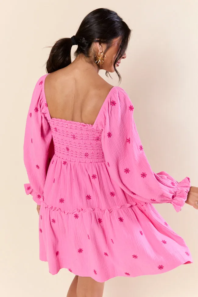 Dress To Impress Pink Smocked Flower Mini Dress,Daily Outfit