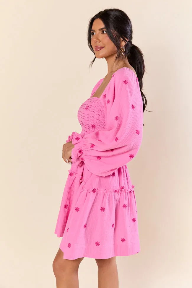 Dress To Impress Pink Smocked Flower Mini Dress,Daily Outfit
