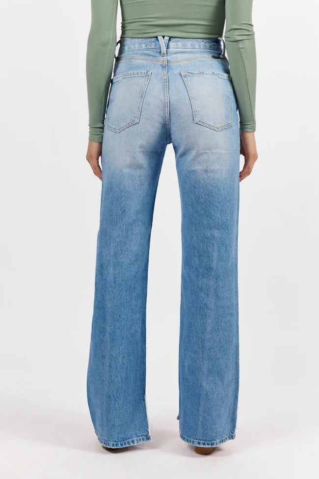 Emily Light Wash 90's Flare Split Hem Wide Leg Jeans,Women Pants