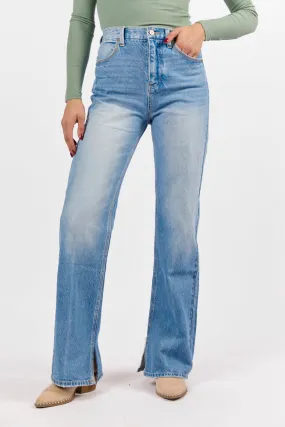 Emily Light Wash 90's Flare Split Hem Wide Leg Jeans,Women Pants