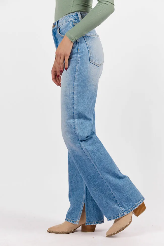 Emily Light Wash 90's Flare Split Hem Wide Leg Jeans,Women Pants