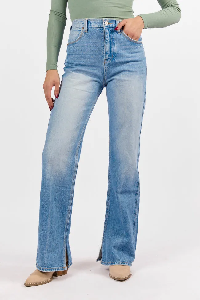 Emily Light Wash 90's Flare Split Hem Wide Leg Jeans,Women Pants