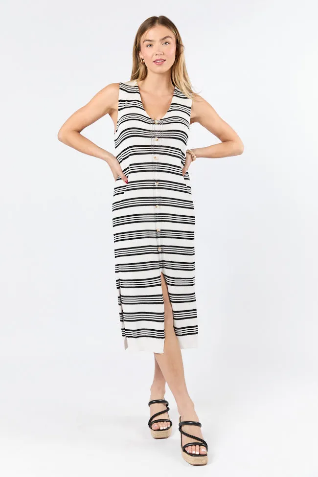 Endless Coastline Black and Ivory Striped Knit Sweater Dress,Daily Outfit