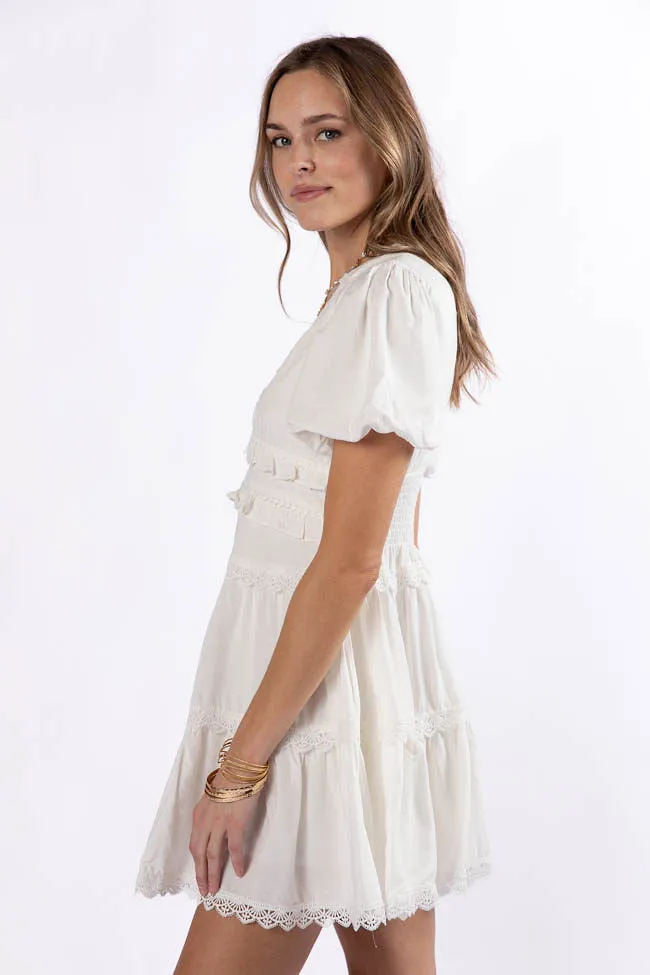 Enjoying Life White Ruffle Trim Mini Dress,Daily Outfit