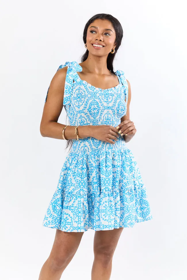 Enough For Me Blue and White Smocked Bodice Printed Mini Dress,Daily Outfit