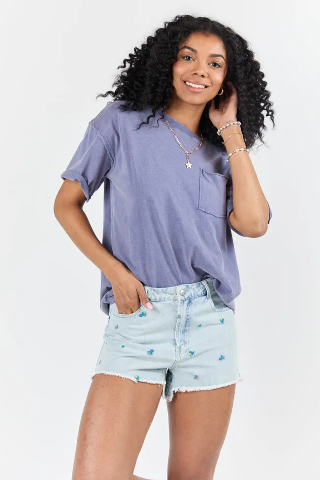 Faded Gardens Light Wash Floral Embroidered Denim Shorts,Women Shorts