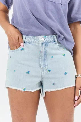 Faded Gardens Light Wash Floral Embroidered Denim Shorts,Women Shorts