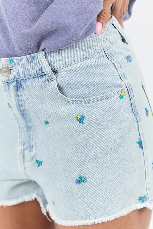 Faded Gardens Light Wash Floral Embroidered Denim Shorts,Women Shorts