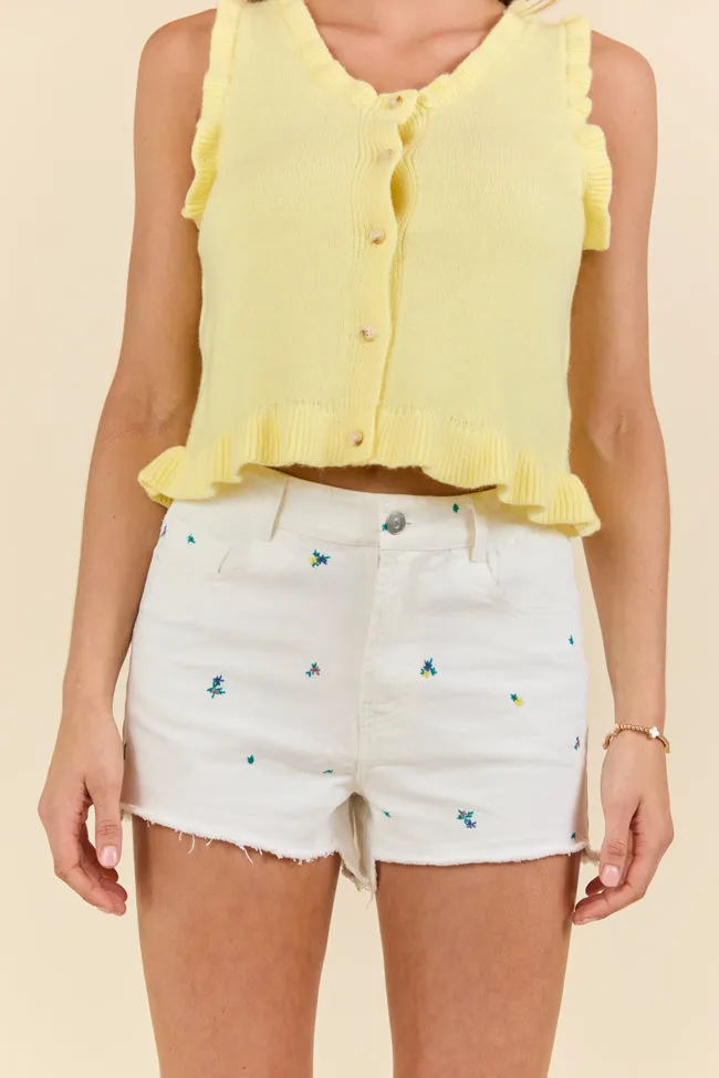 Faded Gardens Off White Floral Embroidered Denim Shorts,Women Shorts