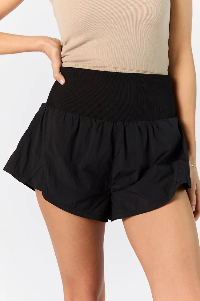 First Place Black Ribbed Waistband Running Shorts,Women Shorts