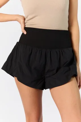 First Place Black Ribbed Waistband Running Shorts,Women Shorts