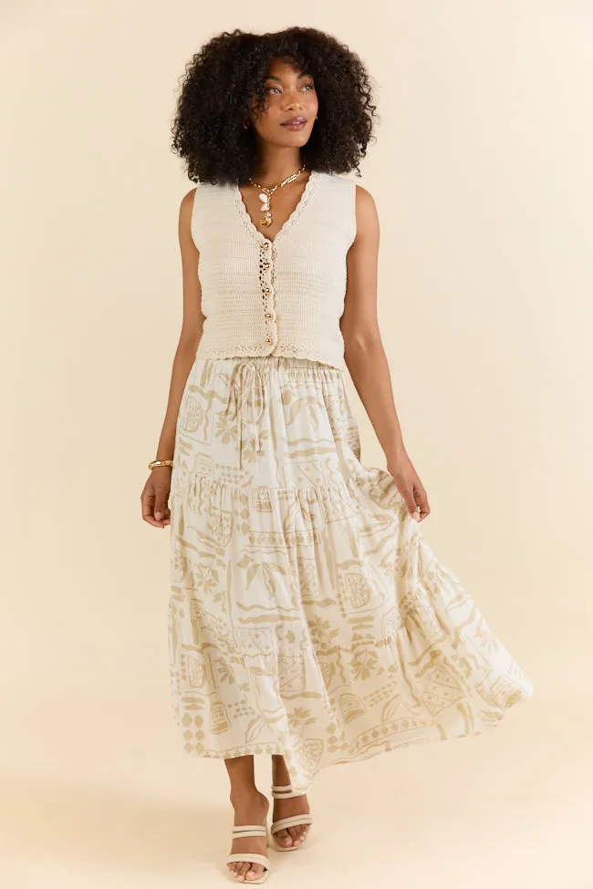 First Stop Ivory and Beige Icon Printed Midi Skirt,Women Skirts Comfort
