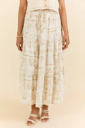First Stop Ivory and Beige Icon Printed Midi Skirt,Women Skirts Comfort