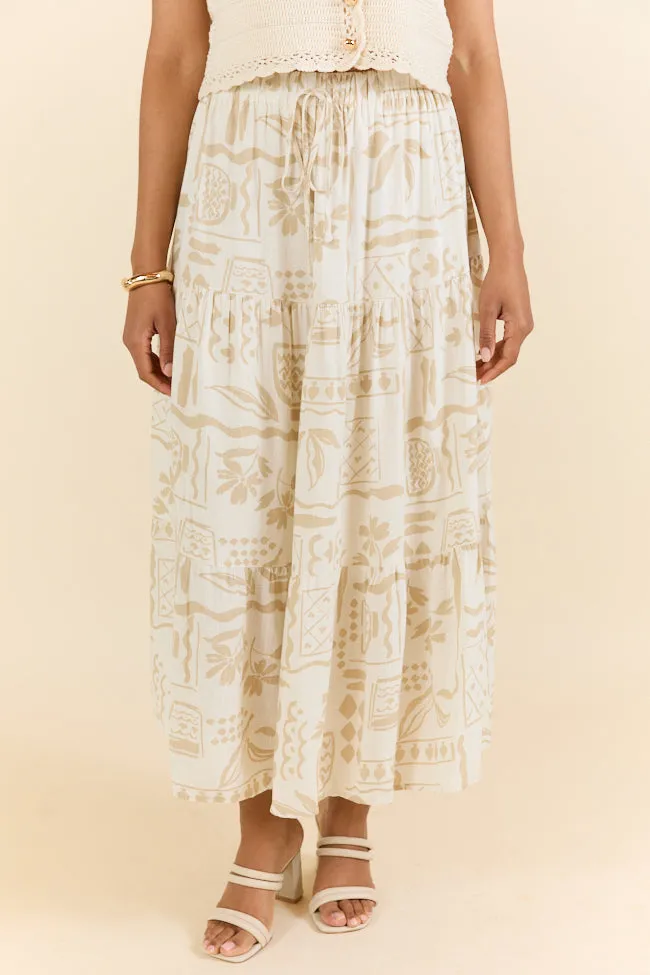 First Stop Ivory and Beige Icon Printed Midi Skirt,Women Skirts Comfort