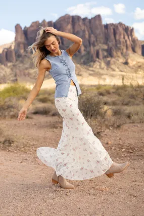 Floral Echo Ivory and Pink Knit Maxi Skirt,Women Skirts Comfort