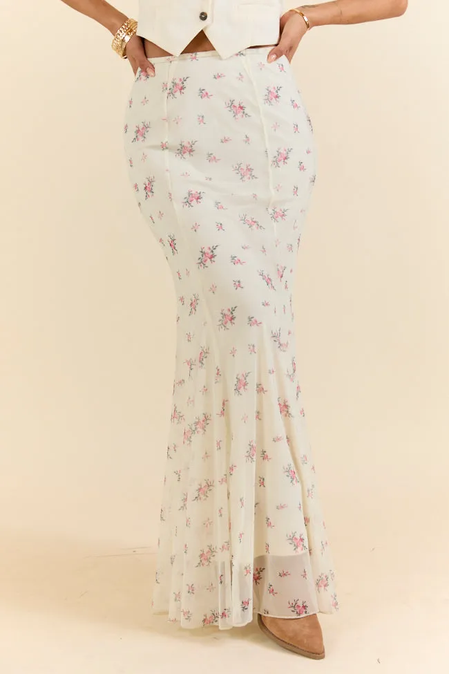 Floral Echo Ivory and Pink Knit Maxi Skirt,Women Skirts Comfort