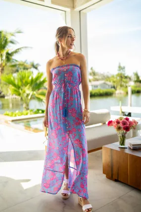 Floral Oasis Blue and Pink Strapless Printed Maxi Dress,Daily Outfit