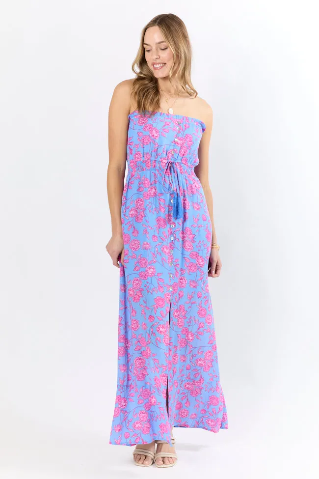 Floral Oasis Blue and Pink Strapless Printed Maxi Dress,Daily Outfit