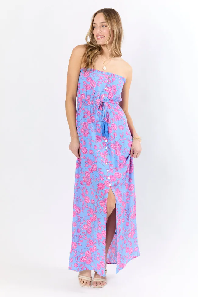 Floral Oasis Blue and Pink Strapless Printed Maxi Dress,Daily Outfit