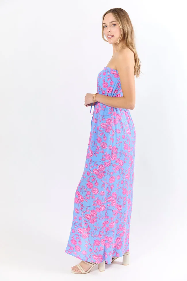 Floral Oasis Blue and Pink Strapless Printed Maxi Dress,Daily Outfit