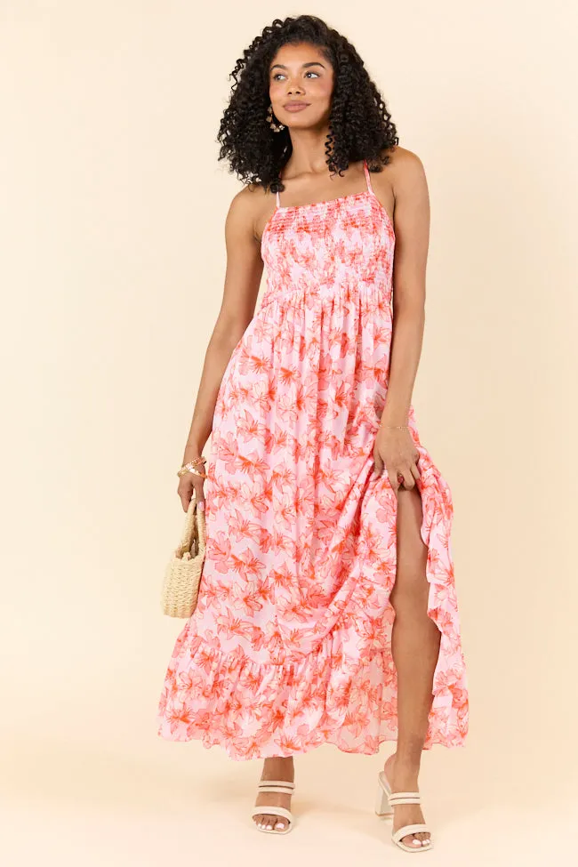 Floral Symphony Pink and Orange Smocked Maxi Dress SALE,Daily Outfit