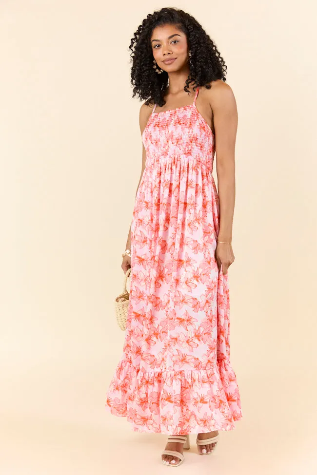 Floral Symphony Pink and Orange Smocked Maxi Dress SALE,Daily Outfit
