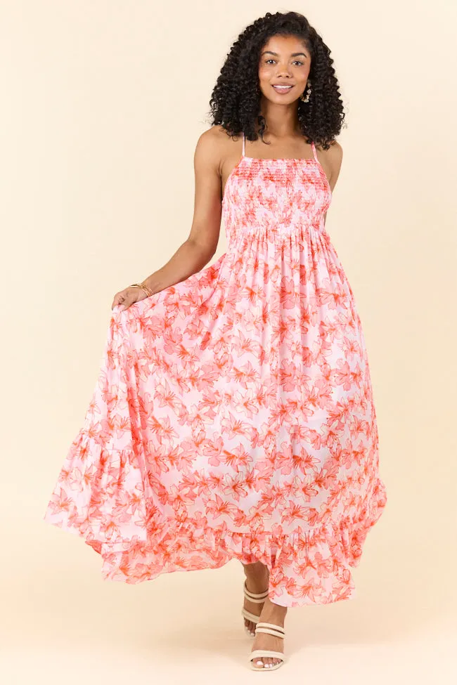 Floral Symphony Pink and Orange Smocked Maxi Dress SALE,Daily Outfit