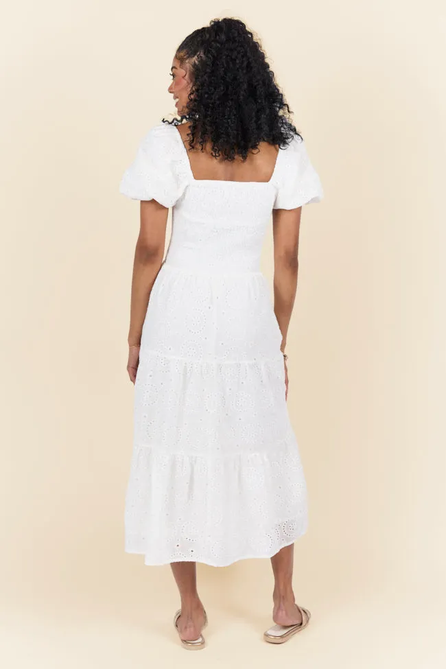 Forget Me Not White Eyelet Short Sleeve Midi Dress SALE,Daily Outfit