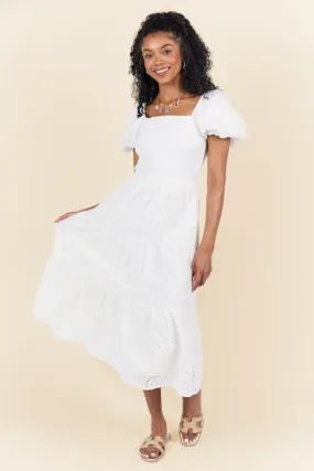 Forget Me Not White Eyelet Short Sleeve Midi Dress SALE,Daily Outfit