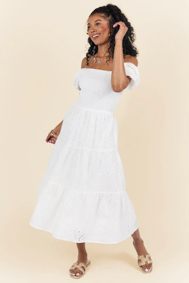 Forget Me Not White Eyelet Short Sleeve Midi Dress SALE,Daily Outfit