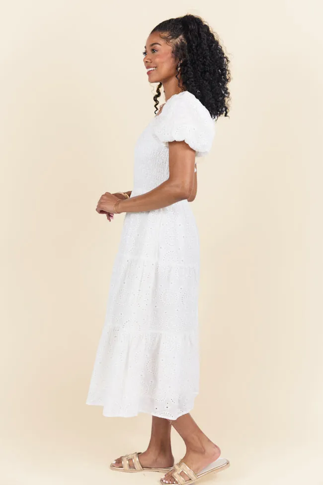 Forget Me Not White Eyelet Short Sleeve Midi Dress SALE,Daily Outfit