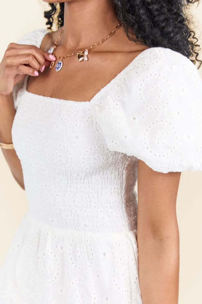 Forget Me Not White Eyelet Short Sleeve Midi Dress SALE,Daily Outfit
