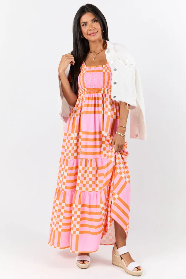 Get The Check Pink and Orange Printed Checkered Maxi Dress,Daily Outfit